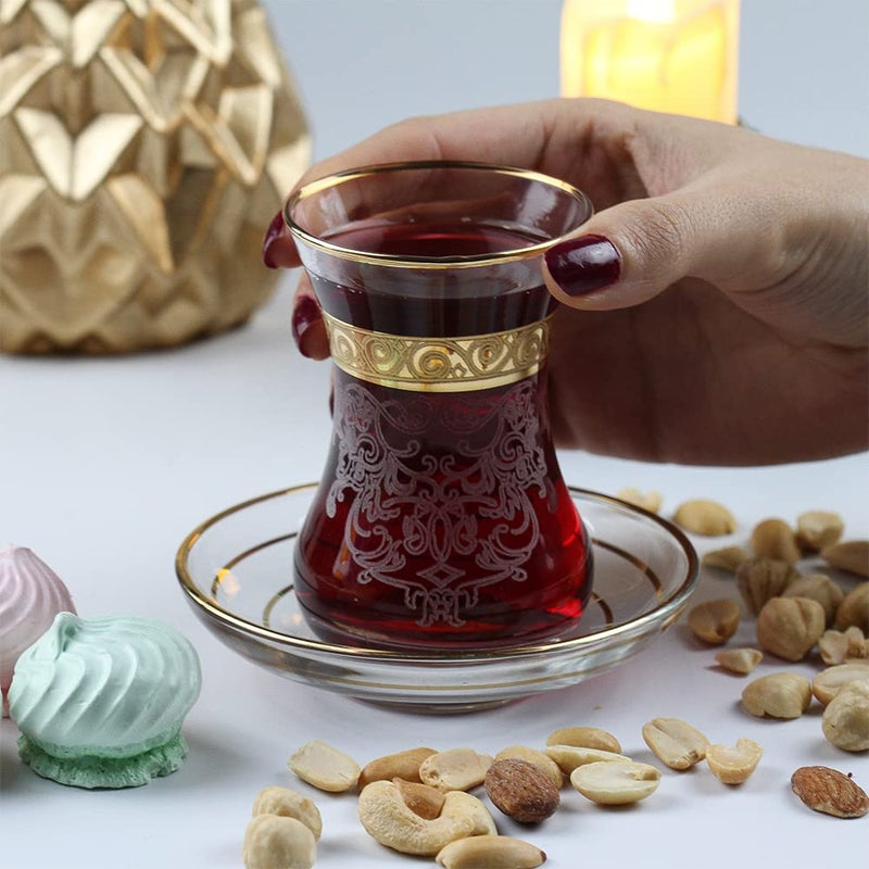 Vissmarta Vintage Turkish Tea Glasses Cups Saucers Set of 6 for Women Glassware Drinking Party Arabic Style Teacups Moroccan Persian Coffee Adults Fancy Decorative Tray Gold Drinkware - Image 4